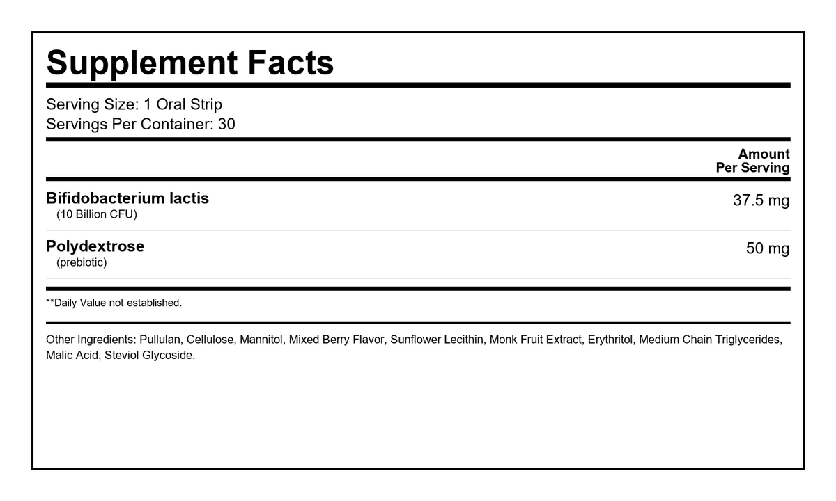 Probiotic + Metabolism Strips Supplement Facts Panel