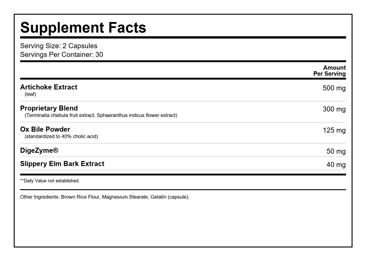 Ox Bile Complex Supplement Facts Panel