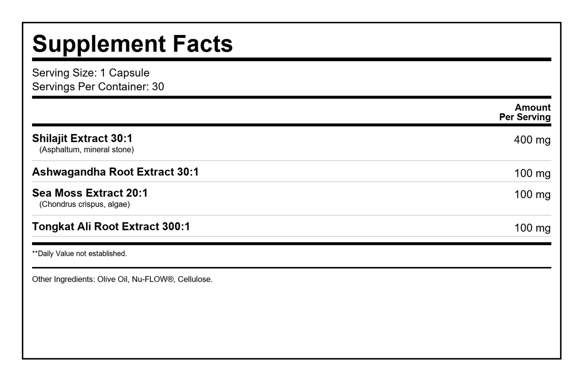 Shilajit Adaptogen Complex Supplement Facts Panel