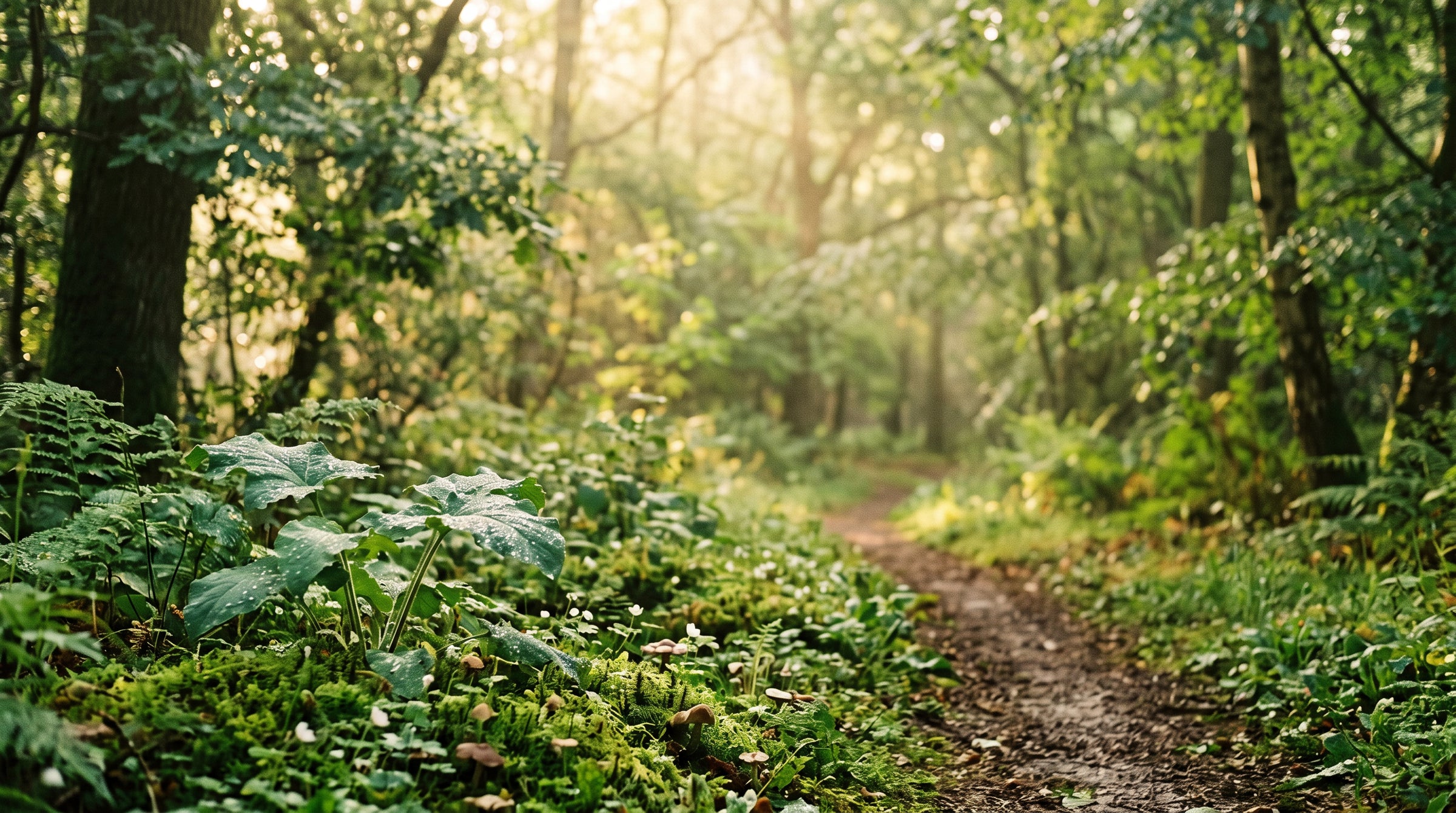 Morning sunlight through a green woodland clearing with moss, ferns and wild herbs