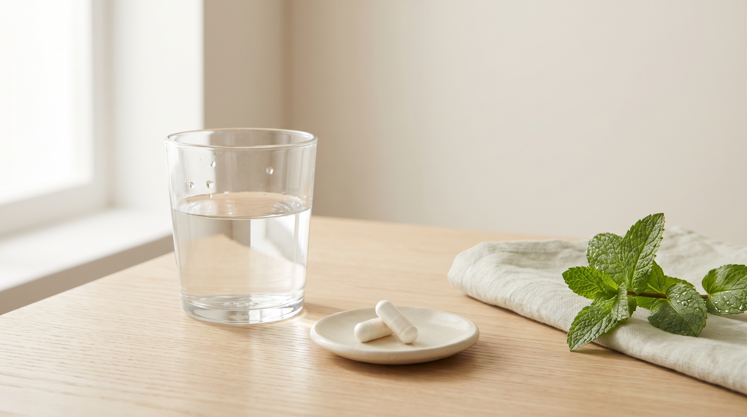 A glass of water beside two white capsules on a small ceramic dish in morning light