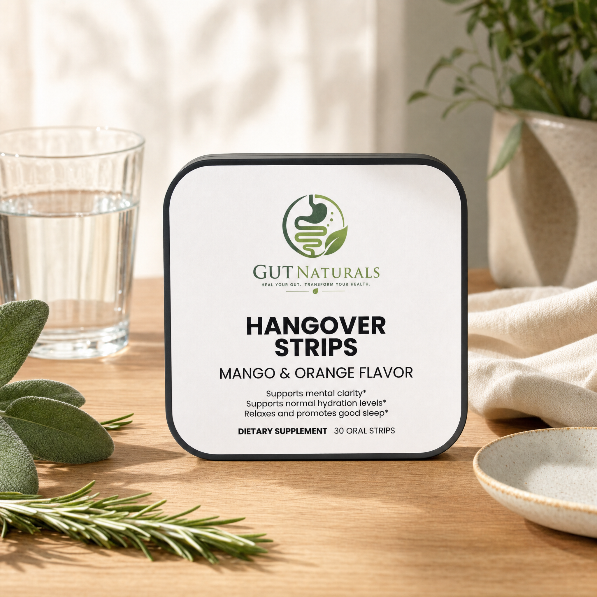 GutNaturals Hangover Strips tin on a sunlit oak counter with sage and rosemary