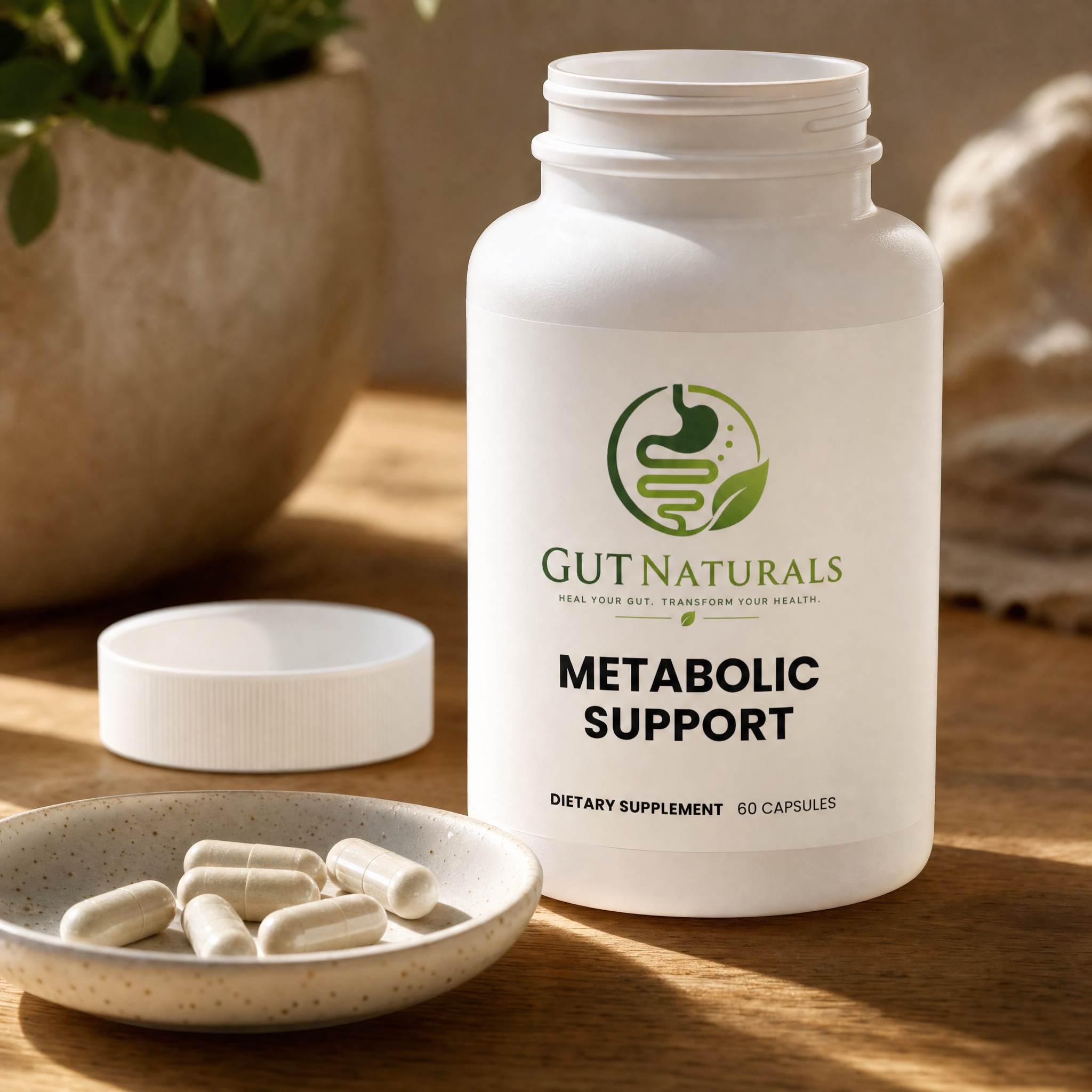 GutNaturals Metabolic Support bottle open with capsules in a ceramic dish on a sunlit oak counter