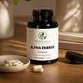 GutNaturals Alpha Energy bottle open with capsules in a ceramic dish