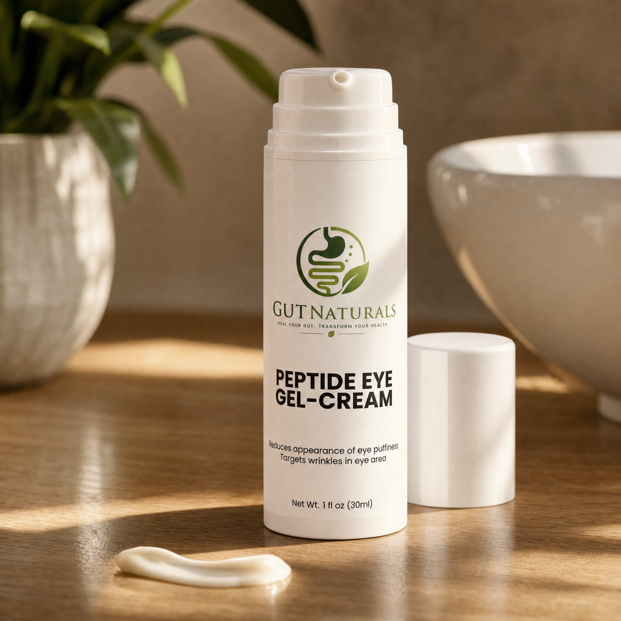GutNaturals Peptide Eye Gel-Cream open with a cream swatch on a sunlit oak counter