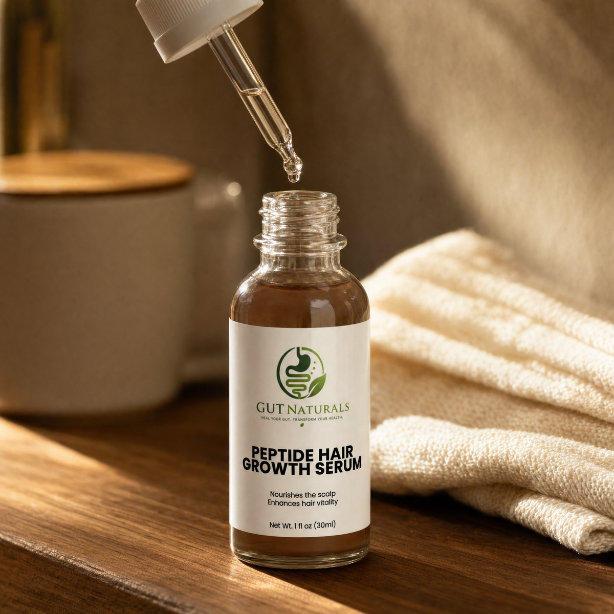 GutNaturals Peptide Hair Growth Serum with the applicator lifted and a droplet catching the light