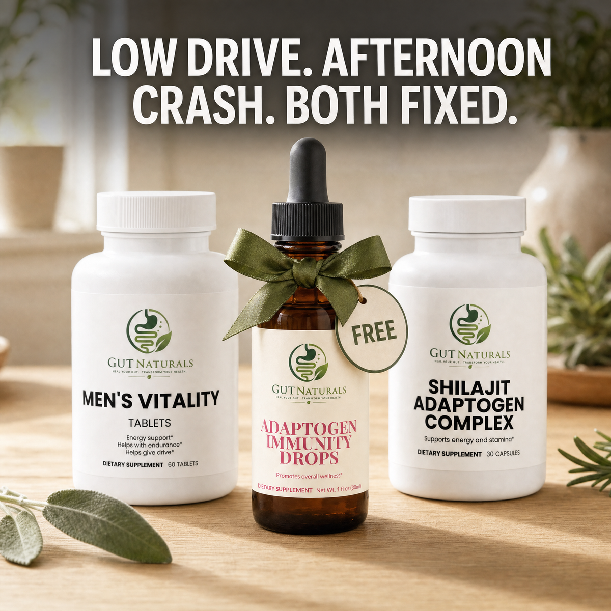 Vitality & Drive Bundle — Men's Vitality, Adaptogen Immunity Drops (free gift), and Shilajit Adaptogen Complex on a kitchen counter