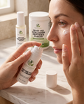Applying Peptide Eye Gel-Cream, with Hair Growth Serum and Collagen Peptides Powder in the background